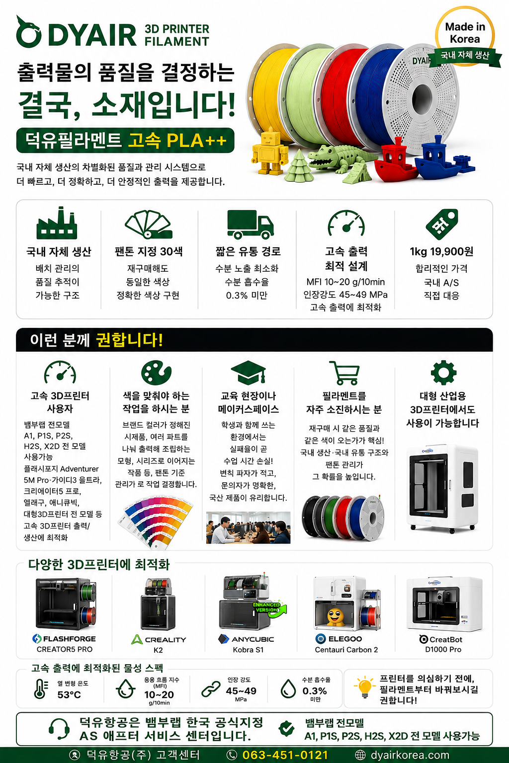 덕유항공 국내생산, 고속출력 3D프린터, DY PLA필라멘트, 최고의 품질관리, 즉시생산 즉시출고